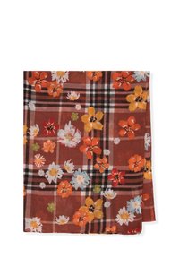 Écharpe à carreaux marron avec des motifs floraux orange, jaune, rouge, blanc et bleu éparpillés sur le tissu, pliée soigneusement.