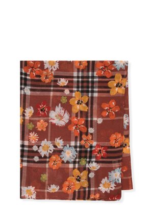 Écharpe à carreaux marron avec des motifs floraux orange, jaune, rouge, blanc et bleu éparpillés sur le tissu, pliée soigneusement.