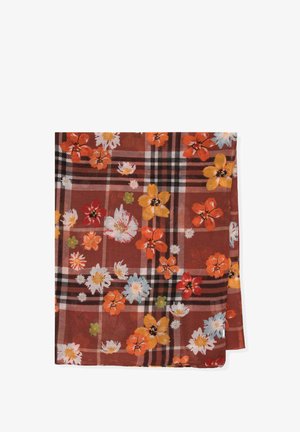 Écharpe à carreaux marron avec des motifs floraux orange, jaune, rouge, blanc et bleu éparpillés sur le tissu, pliée soigneusement.