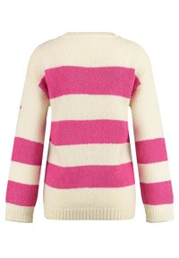 Sweter dziany z poziomymi paskami w kolorze różowym i kremowym. Okrągły dekolt oraz długie rękawy z prążkowanymi mankietami i dołem. Miękka faktura.