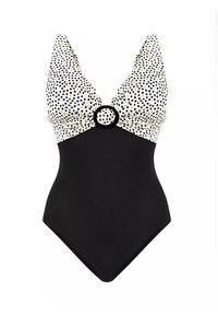 Jednoczęściowy strój kąpielowy z czarnym dołem, białą górą w czarne i złote kropki oraz czarnym okrągłym akcentem na biuście.