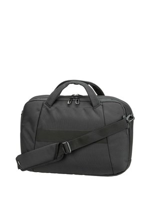 Black laptop bag with dual handles, front zipper, and adjustable padded shoulder strap on white background.