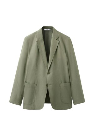 Blazer da uomo verde oliva chiaro con rever a lancia, due bottoni e tasche applicate su ciascun lato.