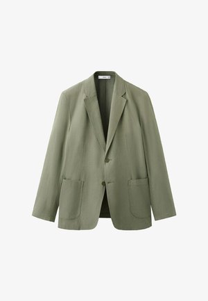 Blazer da uomo verde oliva chiaro con rever a lancia, due bottoni e tasche applicate su ciascun lato.