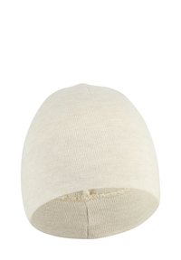 Knit beanie cap in off-white, rounded shape, featuring a subtle ribbed texture and a seamless finish at the crown and base.