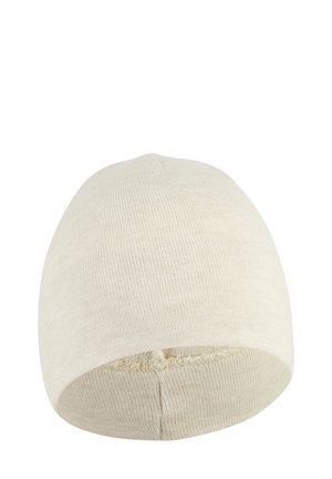 Strickmütze in Off-White, runde Form, mit einer subtilen Rippstruktur und einem nahtlosen Abschluss an der Krone und dem Saum.
