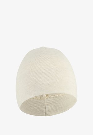 Knit beanie cap in off-white, rounded shape, featuring a subtle ribbed texture and a seamless finish at the crown and base.