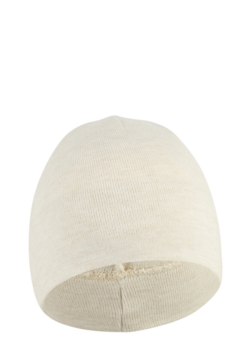 Knit beanie cap in off-white, rounded shape, featuring a subtle ribbed texture and a seamless finish at the crown and base.