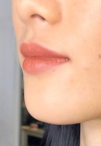 Matte nude lip color on smooth, well-defined lips. Subtle texture and natural finish, framed by slightly contoured skin.