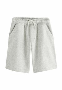 Shorts en coton gris clair avec une taille élastique, cordon de serrage et deux poches latérales. Texture lisse et design longueur genou.