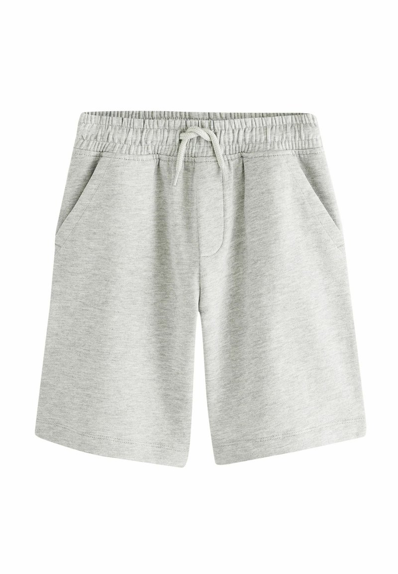 Shorts en coton gris clair avec une taille élastique, cordon de serrage et deux poches latérales. Texture lisse et design longueur genou.
