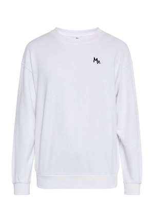 Witte katoenen sweatshirt met een ronde halslijn, verlaagde schouders en geribde manchetten. Heeft een kleine zwarte "Mr." borduursel op de borst.