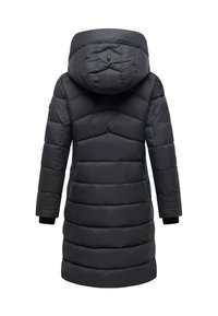 Black padded coat with a detachable hood, featuring a chevron pattern, elastic sleeve cuffs, and a zippered side pocket.