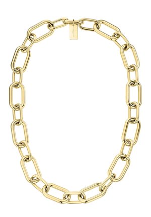 Gold chain necklace with elongated oval links and a rectangular tag clasp engraved with brand name.