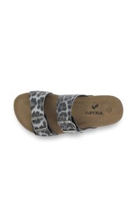 Black and gray patterned sandals with two adjustable buckles, soft brown footbed, and flat sole; marked with "Kaporal" logo and size 37.