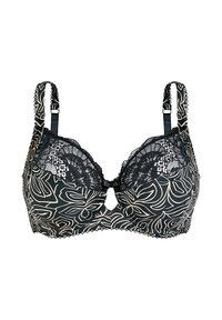 Zwarte beha met een bloemendessin in beige. Kanten details op de cups, verstelbare banden met decoratieve accenten en een strikje in het midden.