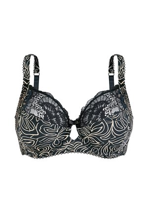 Soutien-gorge noir avec un motif floral beige, doté de bonnets en dentelle, de bretelles réglables et d'un détail en clé à l'avant. Bords festonnés le long de la bande.
