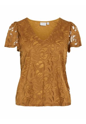 Mosterdgele kanttop met een V-hals, korte pofmouwen, bloemenpatroon en een aansluitend ontwerp met een zachte textuur.