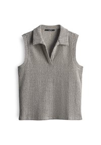 Top senza maniche in tessuto grigio testurizzato con scollatura a V e colletto. Presenta un motivo intrecciato e un design strutturato, adatto per essere indossato a strati.