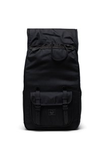 Black backpack made of durable fabric with a roll-top design, adjustable straps, front pocket with buckle closure, and logo patch.