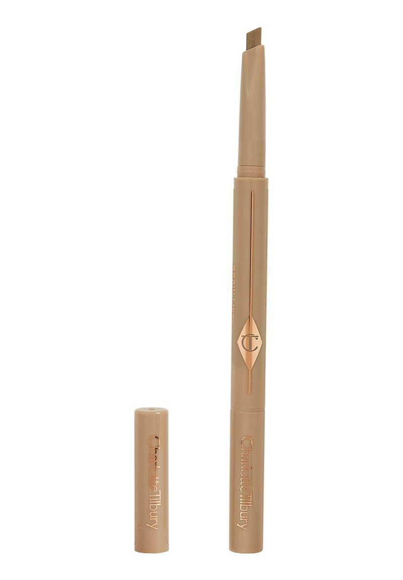 Brow pencil with a thin, angled tip and retractable design. Creamy, beige-colored packaging with gold accents and a visible brand logo.