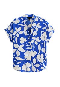 Chemise à manches courtes bleu vif avec des motifs floraux blancs, dotée d'un col en V et d'un tissu doux et lisse. Coupe ample et design décontracté.