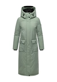 Langer Puffer-Mantel in Hellgrün, ausgestattet mit einem hohen Kragen, verstellbare Kapuze, zwei vorderen Taschen und einer glatten, strukturierten Oberfläche.