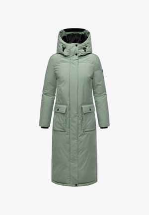 Lange pufferjas in lichtgroen, met een hoge kraag, verstelbare capuchon, twee voorzakken en een glad, gestructureerd uiterlijk.
