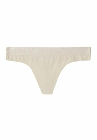String sexy beige avec une finition en tissu lisse, doté d'une large ceinture élastique embossée au nom de la marque.