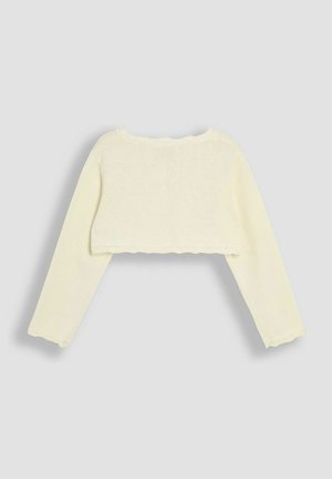 Cropped long-sleeve sweater in soft, pale yellow knit fabric. Features scalloped edges at neckline and cuffs, displaying a lightweight texture.