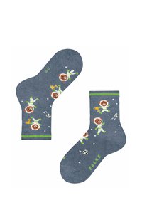 Blaue Socken mit verspielten Tiermotiven in Grün und Braun, weißen Akzenten und einem grünen Streifen oben. Der Text lautet "FALKE."
