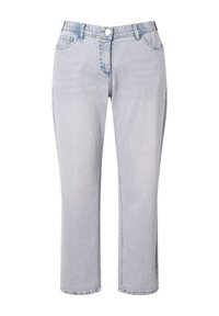 Jeans in denim azzurro chiaro con design a gamba dritta, cinque tasche e chiusura con bottone in vita. Presentano una leggera texture sbiadita.