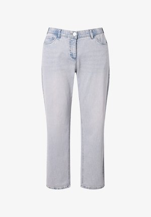 Lyseblå denimjeans med lige ben, fem lommer og knaplukning i taljen. Har en subtil, falmet tekstur.