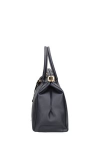 Marine lederen handtas met twee handvatten aan de bovenkant, gouden hardware, een gestructureerde vorm en een gestructureerde afwerking. Geen zichtbare logo's of patronen.