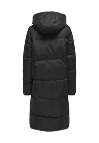Sort puffervinterjakke med hætte, der har et quiltet design, lange ærmer og en knælængde silhuet. Lavet af glat, vandafvisende materiale.