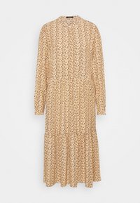 Robe beige à manches longues avec un imprimé floral. Présente un col haut et une jupe à volants pour une silhouette fluide. Tissu léger.