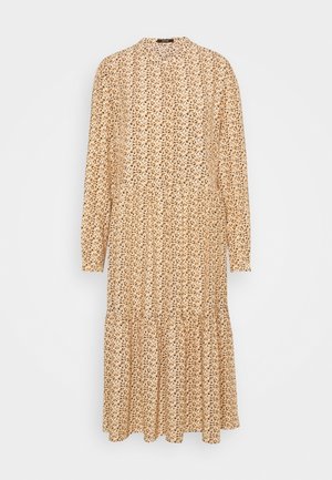 Langärmiges, beiges Kleid mit Blumenmuster. Verfügt über einen hohen Ausschnitt und einen gestuften Rock für eine fließende Silhouette. Leichter Stoff.