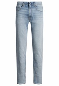 Jeans in denim azzurro chiaro con taglio dritto, design a cinque tasche, chiusura frontale con bottone e sfumature sottili sul tessuto.