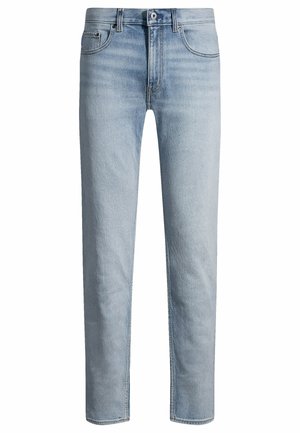 Light blue denim jeans with a straight-leg cut, five-pocket design, front button closure, and subtle fading on the fabric.