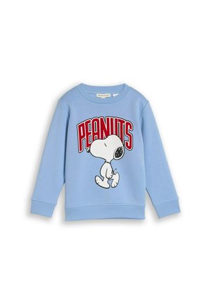 Lichtblauwe longsleeve sweat met rode "PEANUTS" tekst en Snoopy-figuur wandelend aan de voorkant.