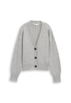 Graue Strickjacke mit V-Ausschnitt, überschnittenen Schultern, fünf braunen Knöpfen sowie gerippten Bündchen und Saum. Weiche Textur und lässige Passform.