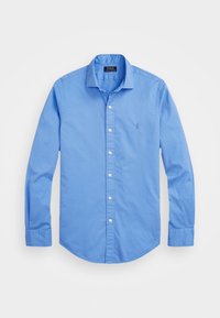 Light blue, long-sleeve button-up shirt made of cotton, featuring a classic collar, front buttons, and a small embroidered logo on the chest.