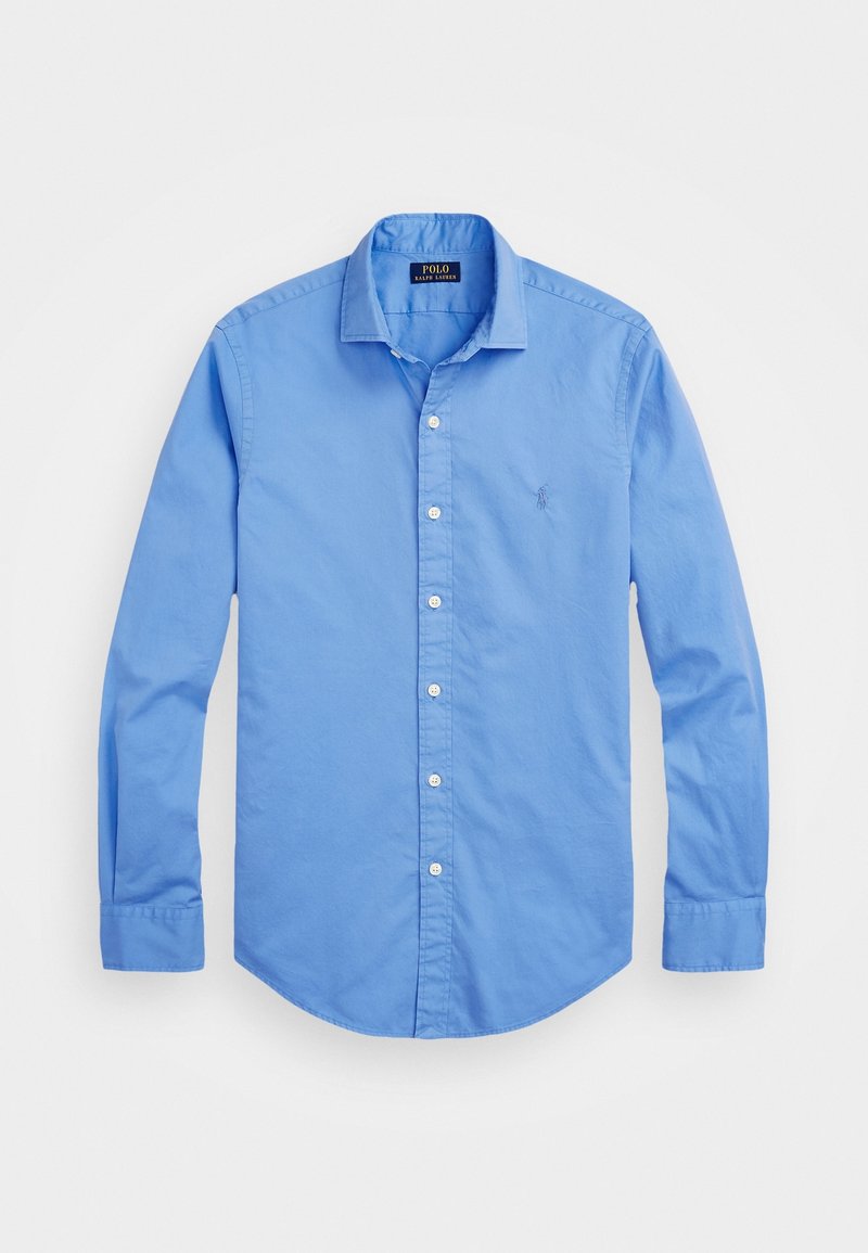 Light blue, long-sleeve button-up shirt made of cotton, featuring a classic collar, front buttons, and a small embroidered logo on the chest.