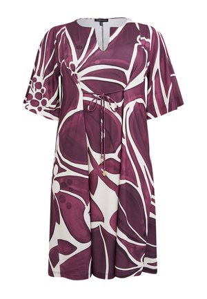 Lilla og hvid blomsterkjole med V-hals, korte flagrende ærmer, snøre i taljen og løs pasform. Blomsterprintet har dristige, abstrakte former.