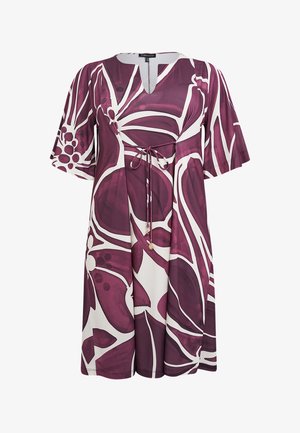 Purple and white floral dress with a V-neck, short flutter sleeves, drawstring waist, and a loose fit. Floral pattern features bold, abstract shapes.