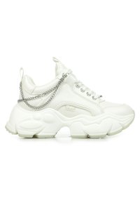 White chunky sneakers made from synthetic material, featuring a textured sole, silver chain accent, and lace-up design with logo detail.