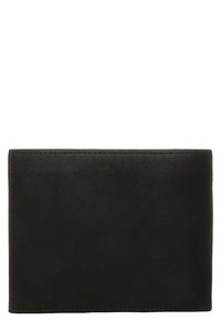 Crni kožni novčanik s glatkom teksturom, presavijeni dizajn i vidljivim šavovima uz rubove. Minimalistički stil bez vanjskih ukrasa.