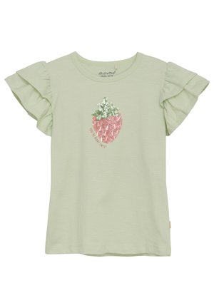 T-shirt vert clair à manches courtes pour tout-petit avec manches volantées et patch fraise à sequins avec l'inscription « You're berry sweet » sur le devant.