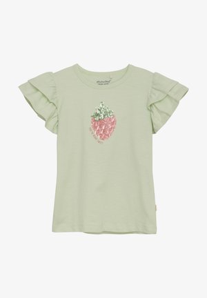 T-shirt vert clair à manches courtes pour tout-petit avec manches volantées et patch fraise à sequins avec l'inscription « You're berry sweet » sur le devant.