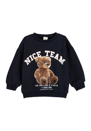 Sweatshirt bleu marine à manches longues, avec un graphique de ours en peluche et du texte ; poignets et ourlet côtelés ; matériau en coton doux.
